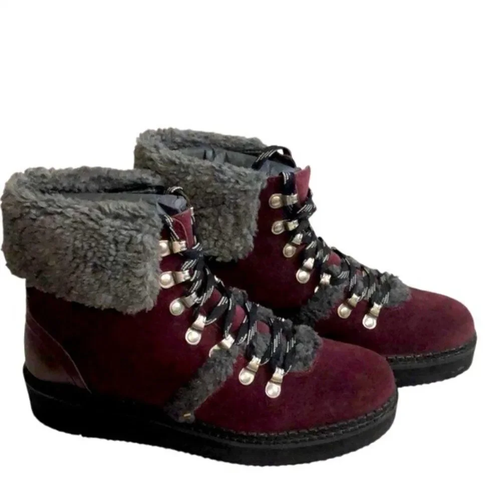 NEW Very Volatile Tonkin Women’s Leather Ankle Boot. Faux Fur Burgundy Size 10